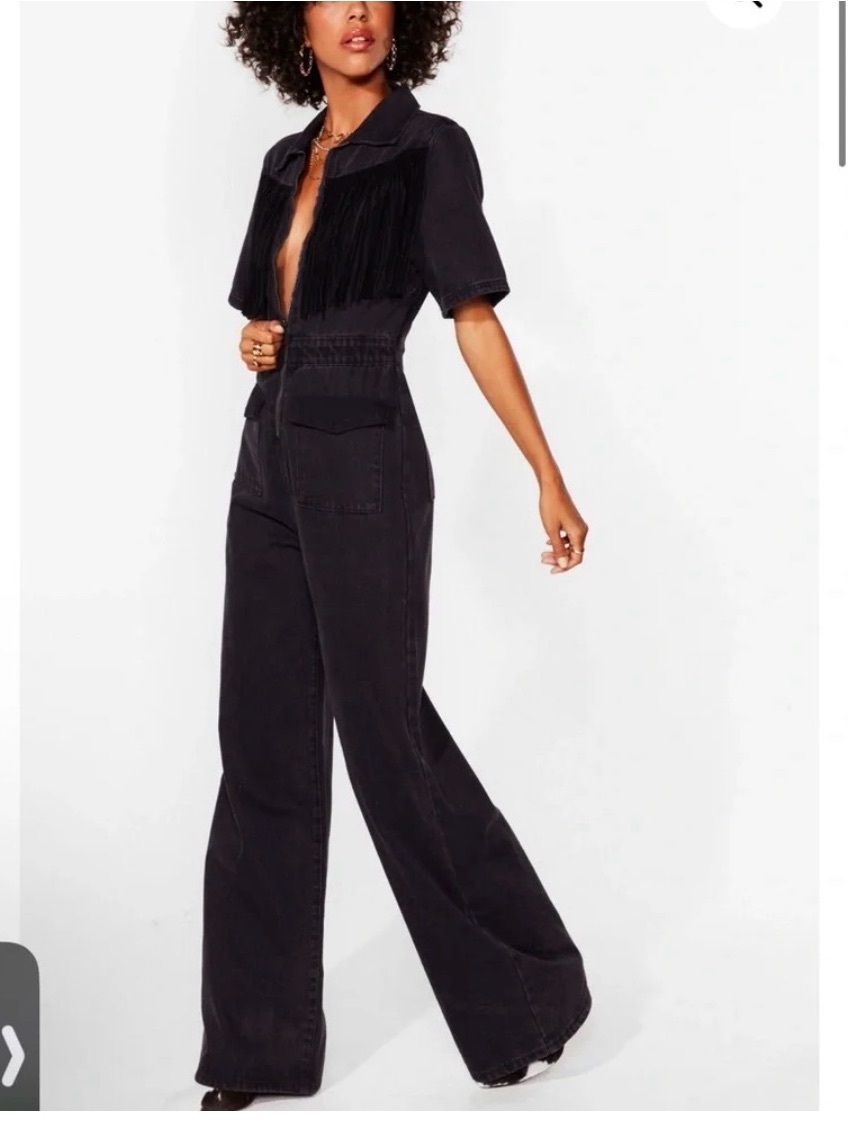 On Our West Behavior Nasty Gal Black Fringe Detail Wide-Leg Denim Jumpsuit